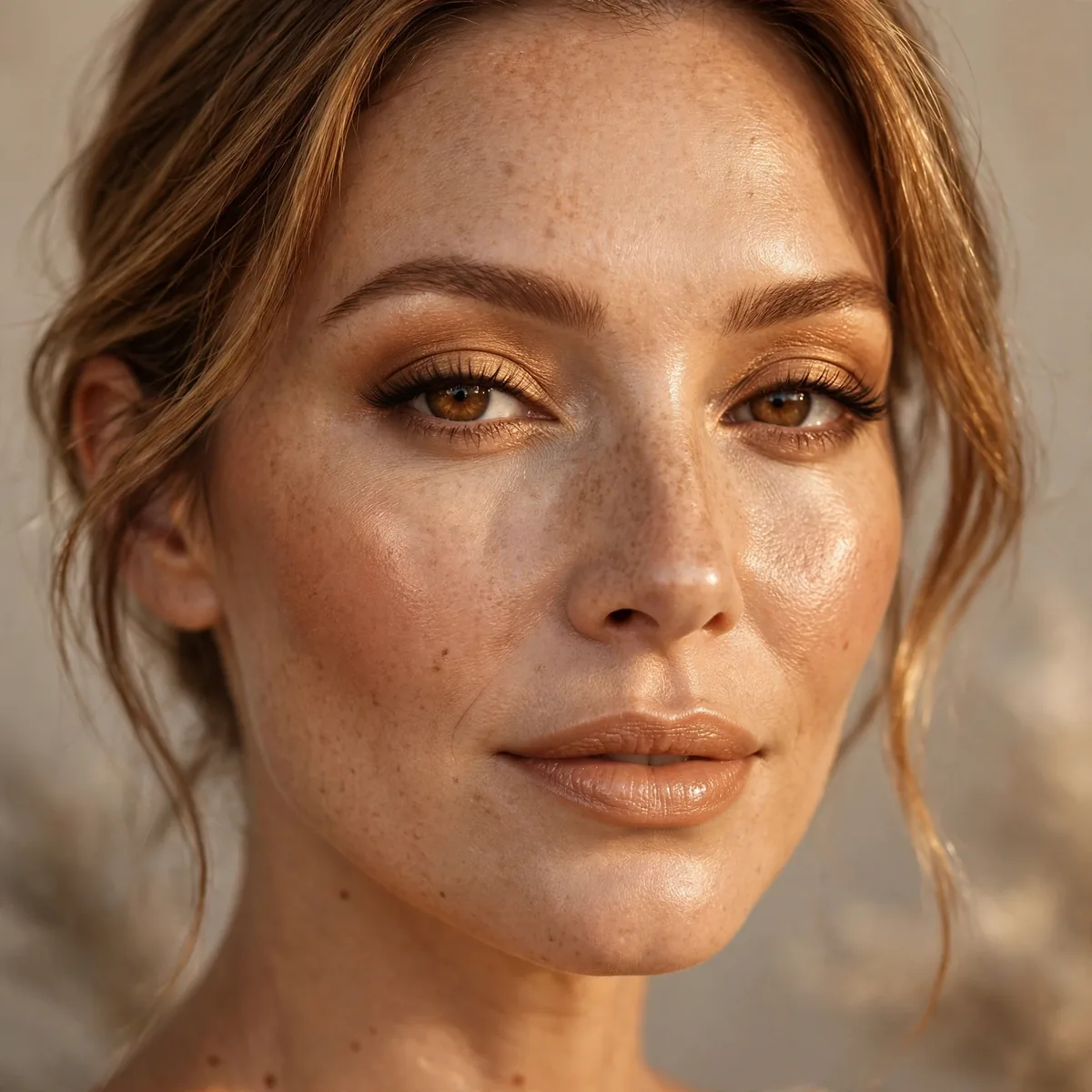 Close-up of Tawny Radiance Look featuring amber glow and golden beige