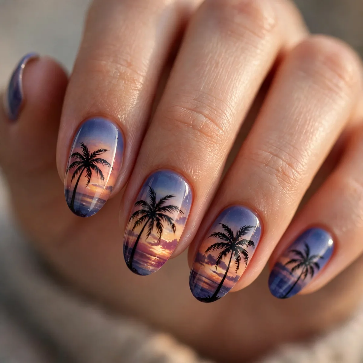 Palm silhouette sunset nail art