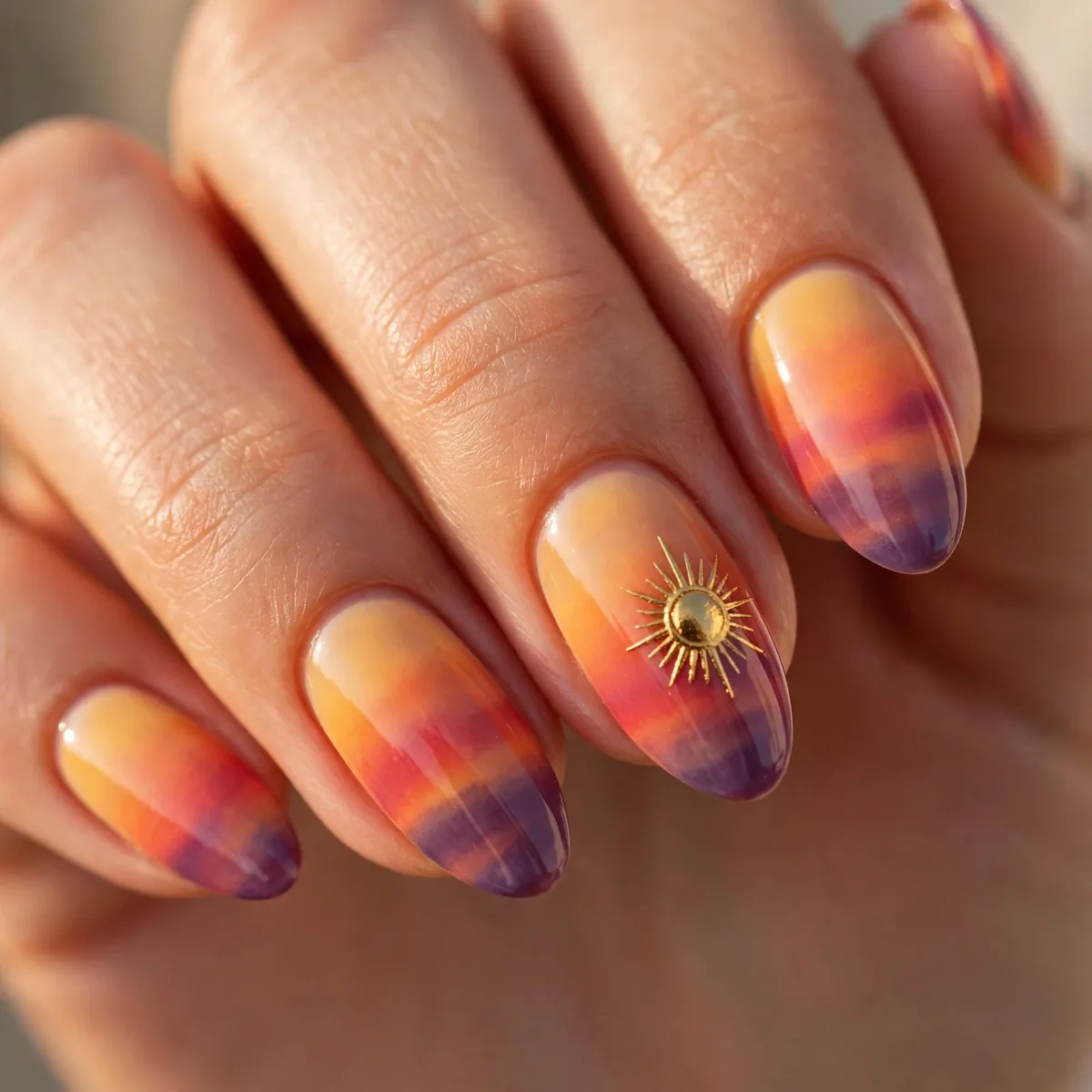 Golden sun accent sunset nails