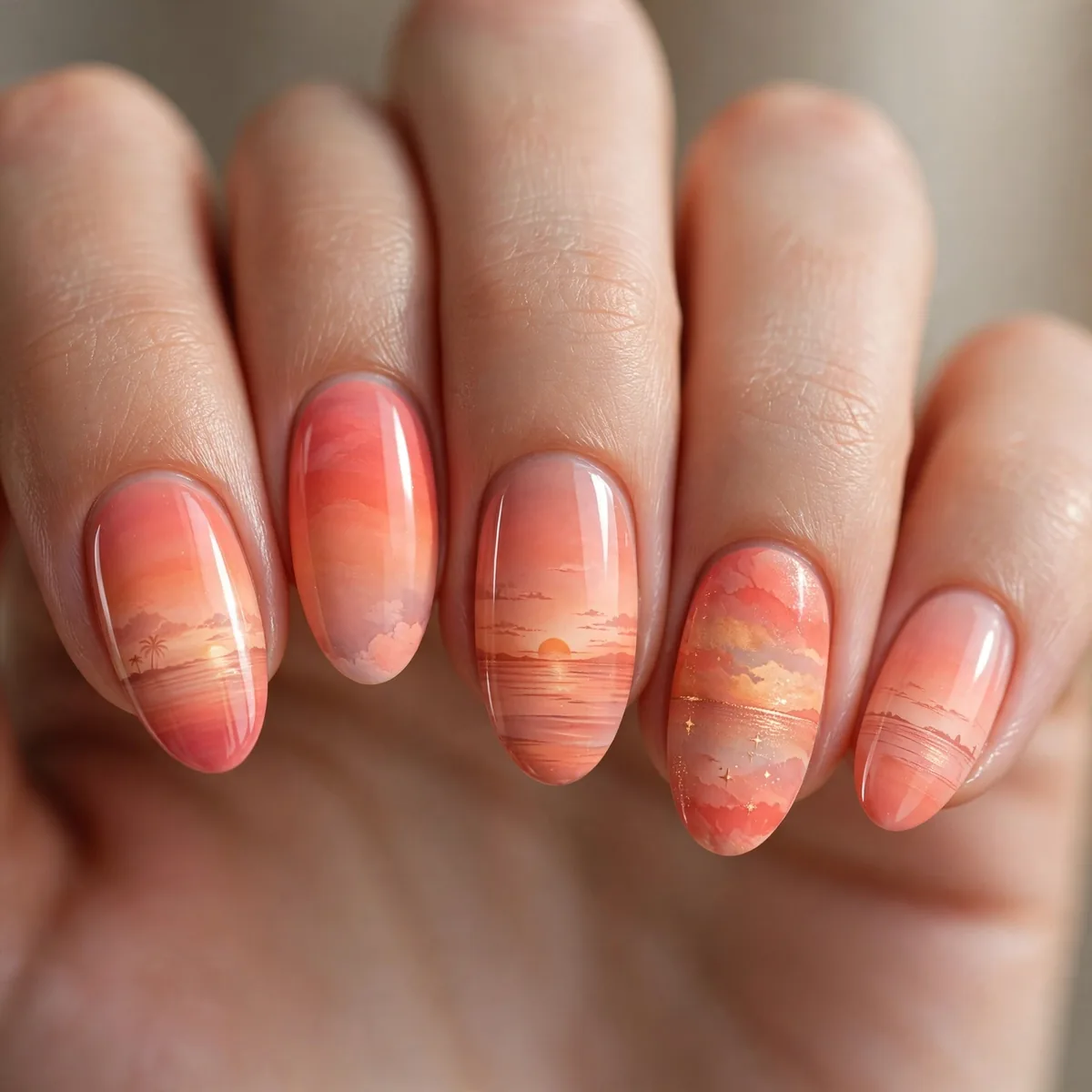 Coral horizon sunset nail design