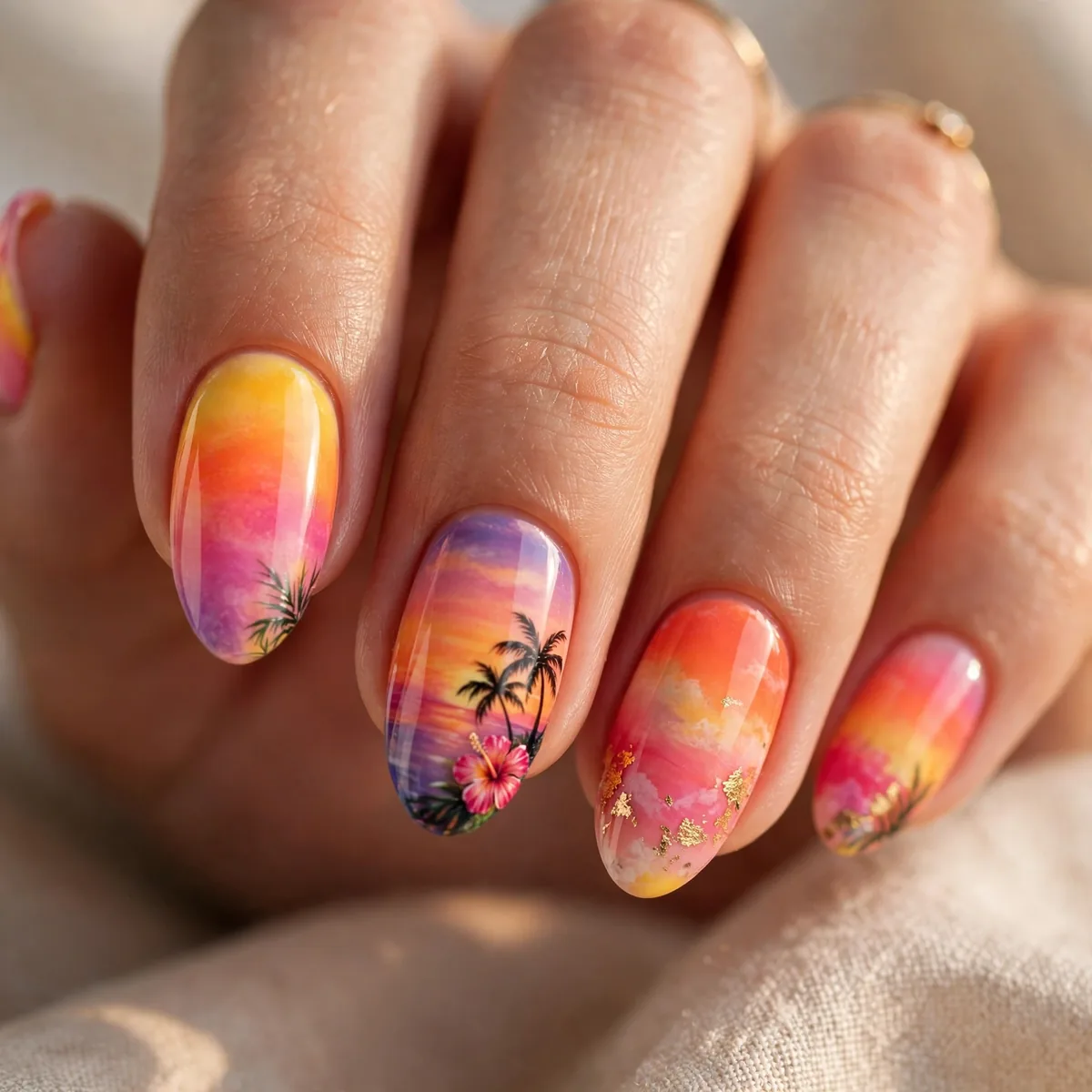 Tropical bright sunset nail art