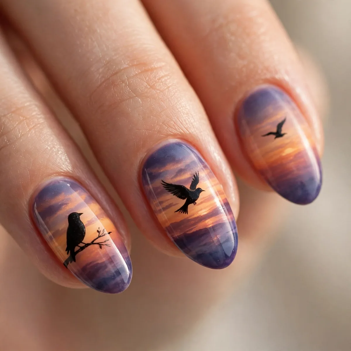 Bird silhouette sunset nail art