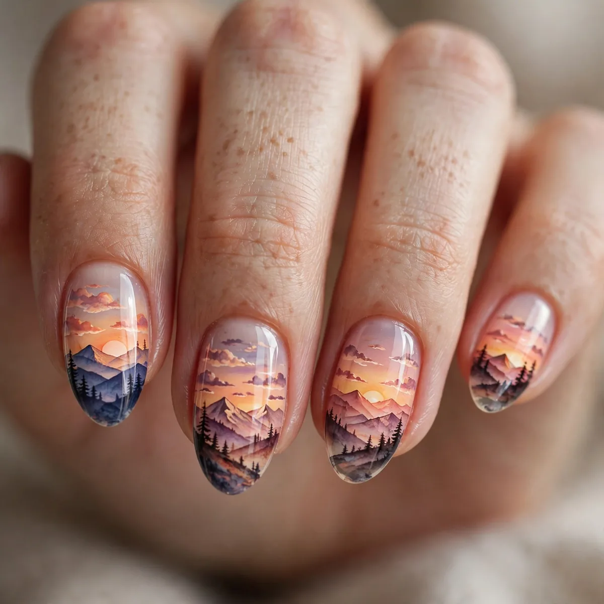 Mountain sunset scene nail art