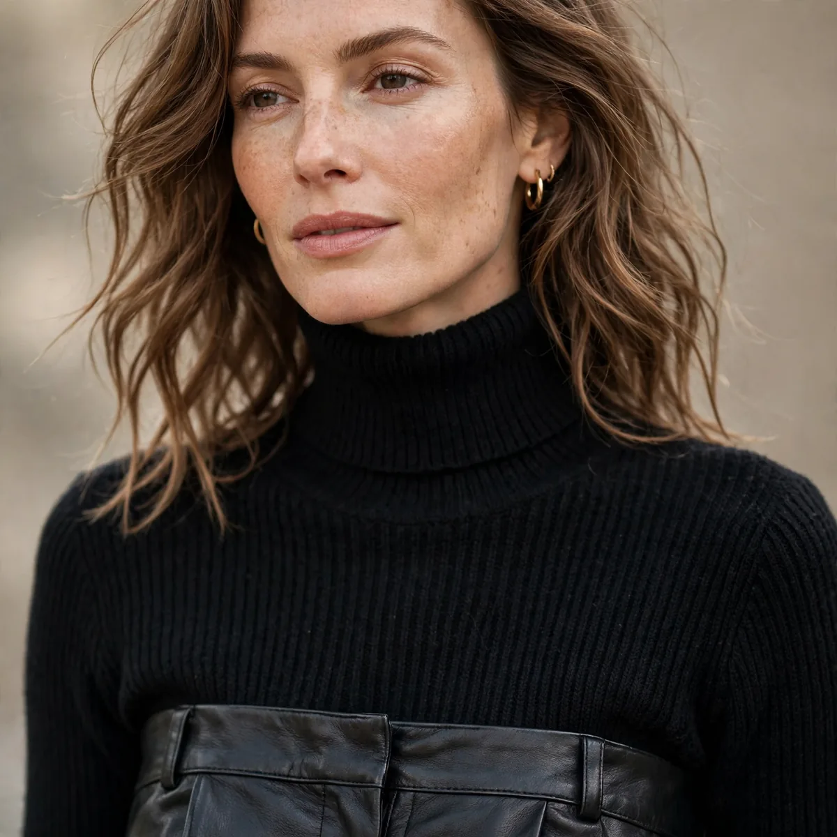 Turtleneck sweater with leather skirt