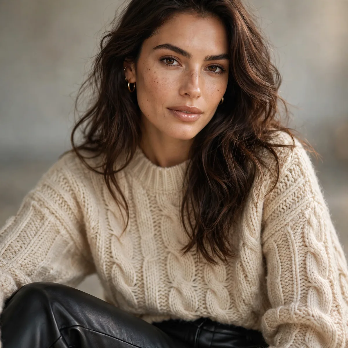 Cozy sweater with leather pants