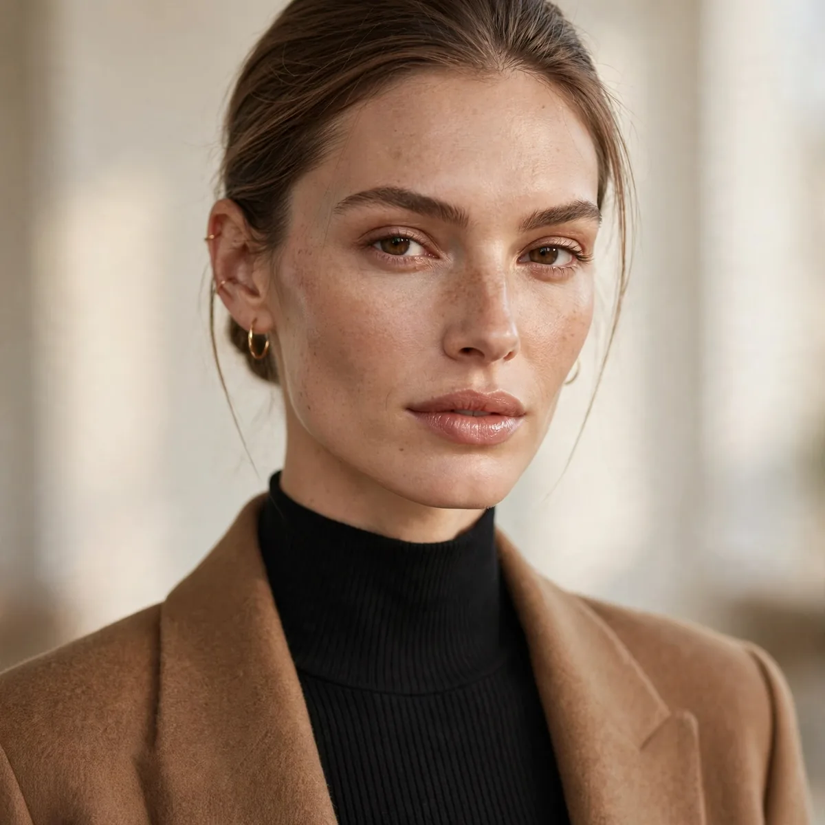 Mock neck top on tall woman