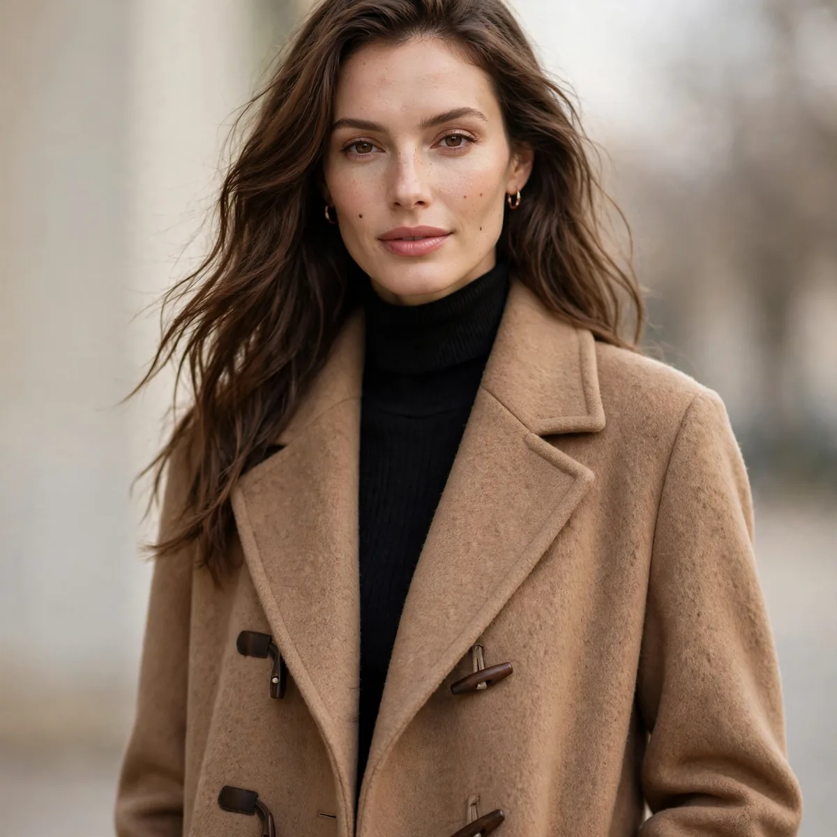 Tall woman in full length wool coat