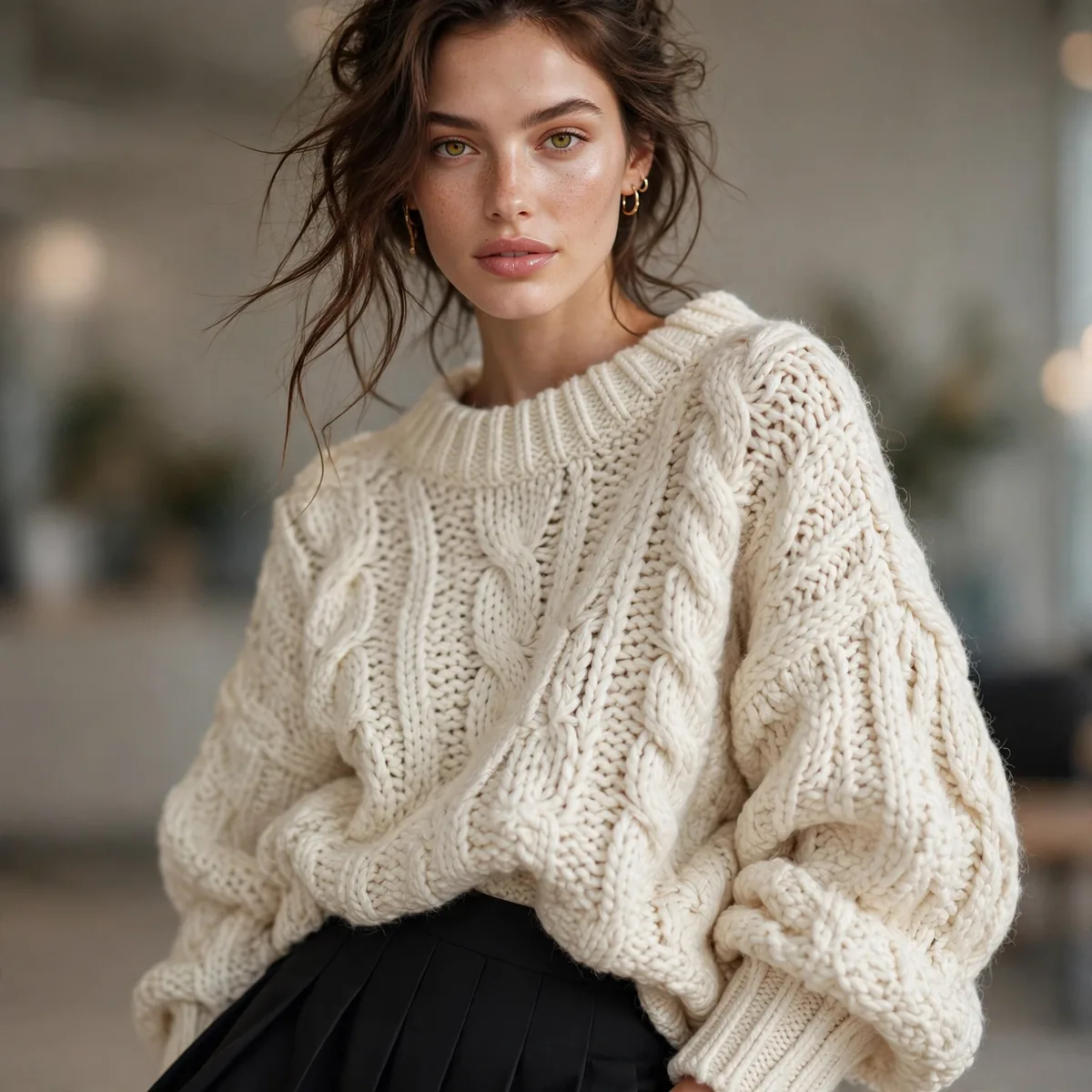 Tall woman in mini skirt with oversized sweater