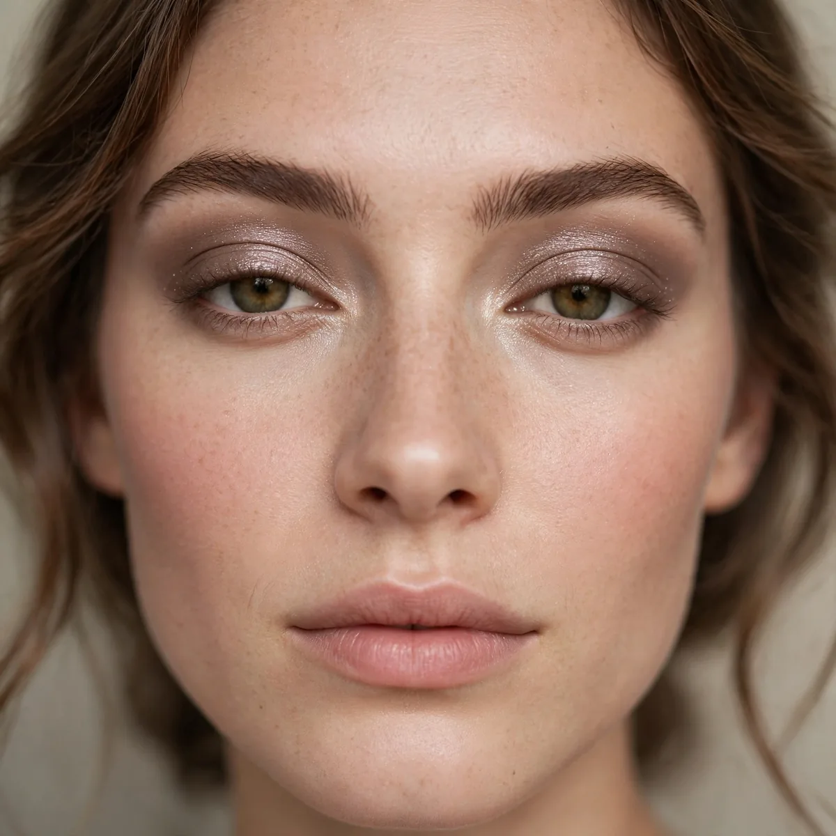 Taupe shimmer eyeshadow on lids