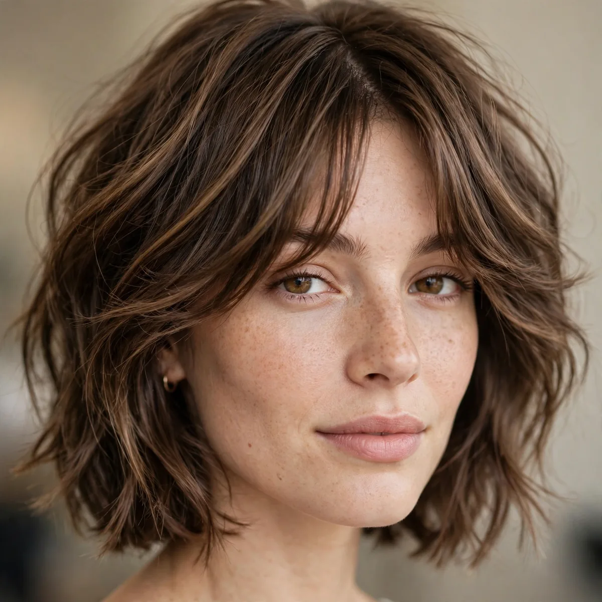 Textured lob paired with curtain bangs