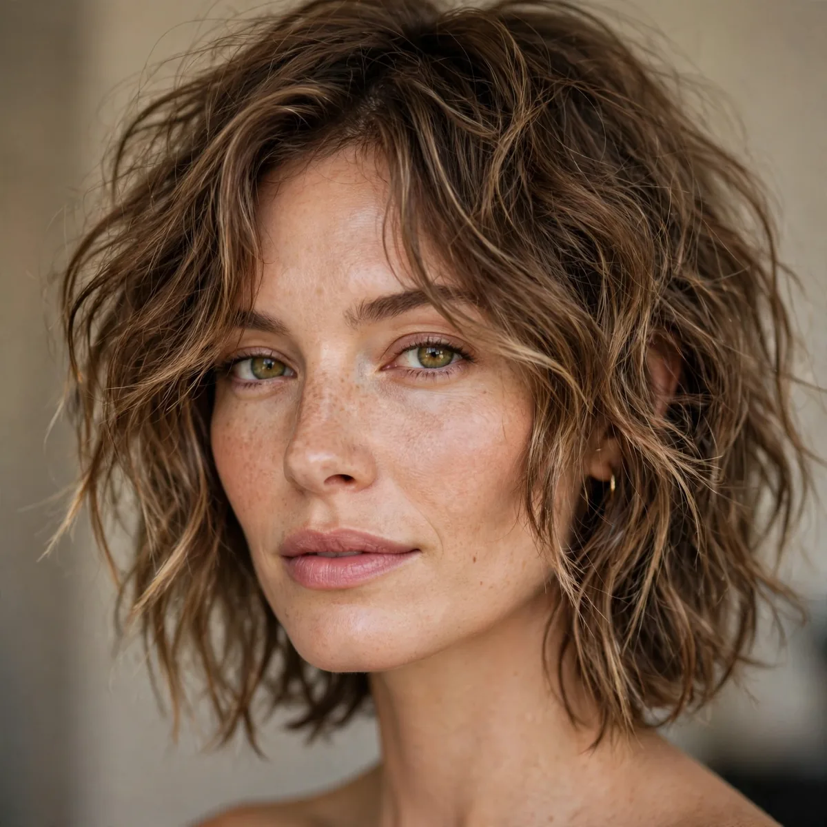 Artfully messy textured lob with lived-in waves