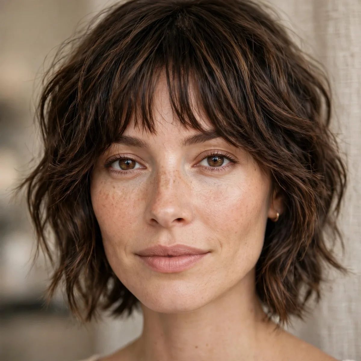 Textured lob paired with bottleneck bangs