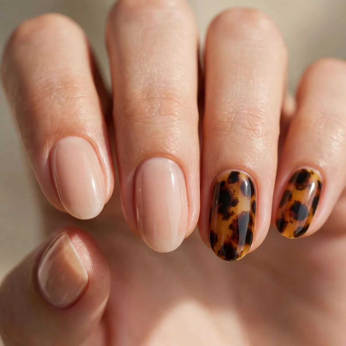 Tortoiseshell and nude nail combination