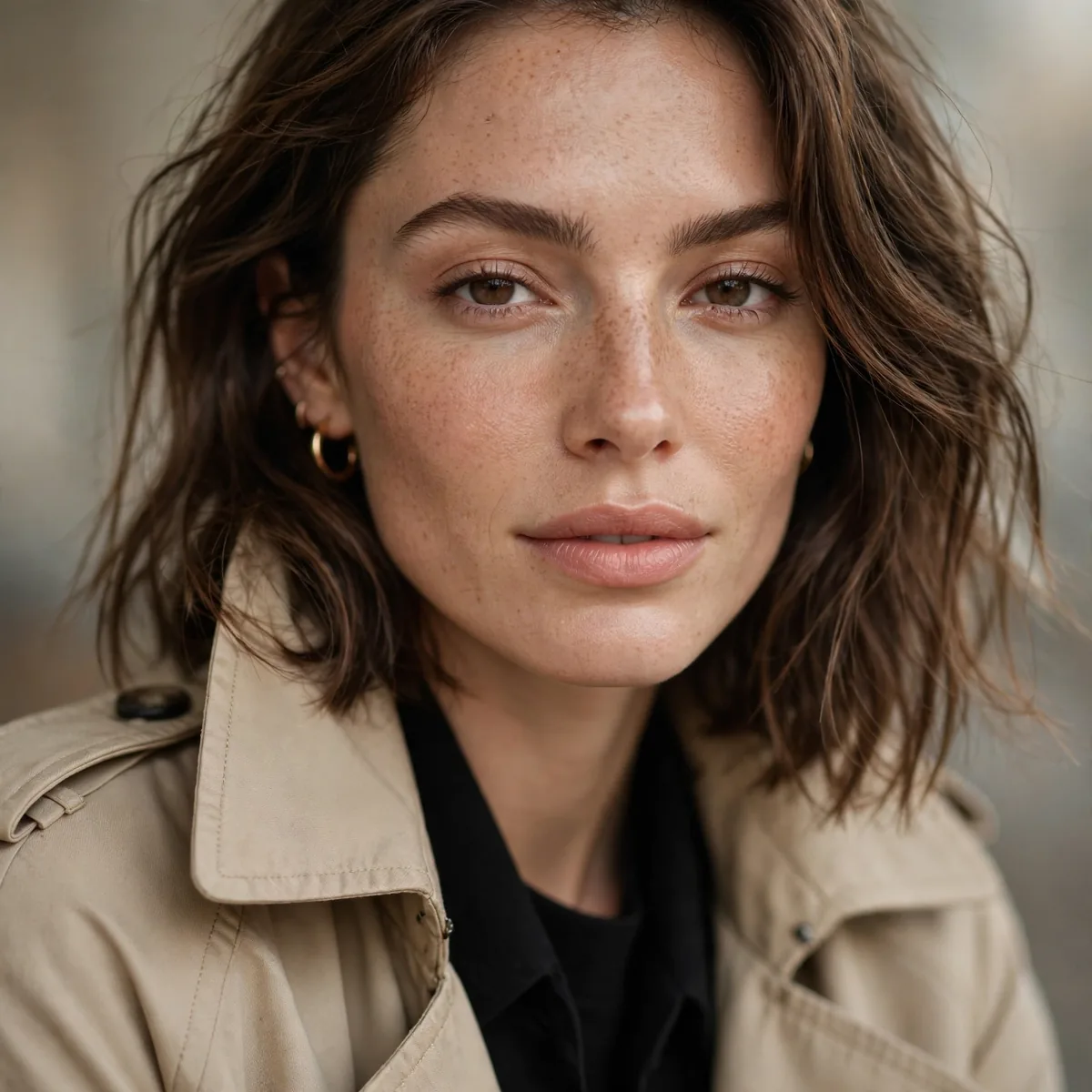 Beige trench over black outfit