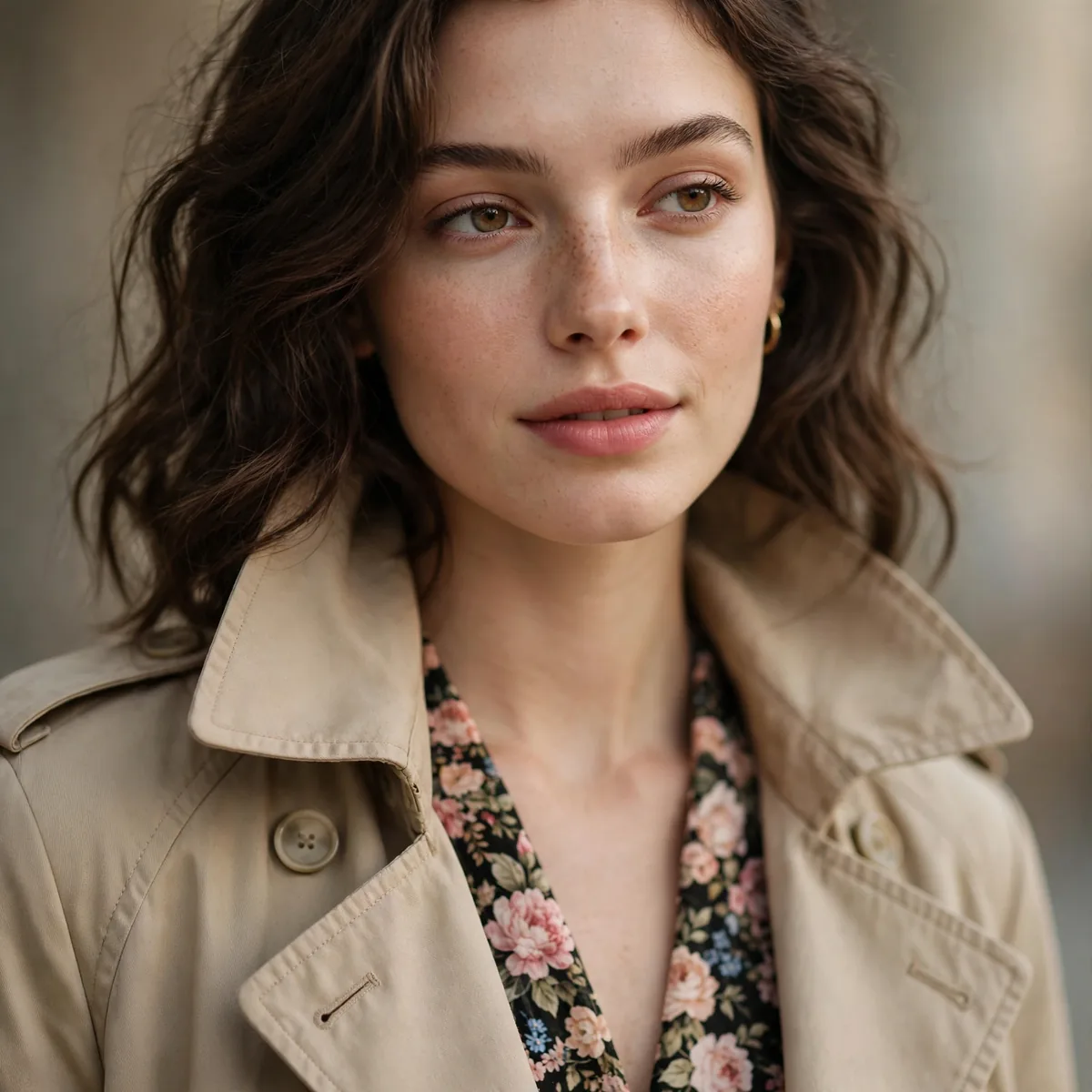 Trench coat over floral dress