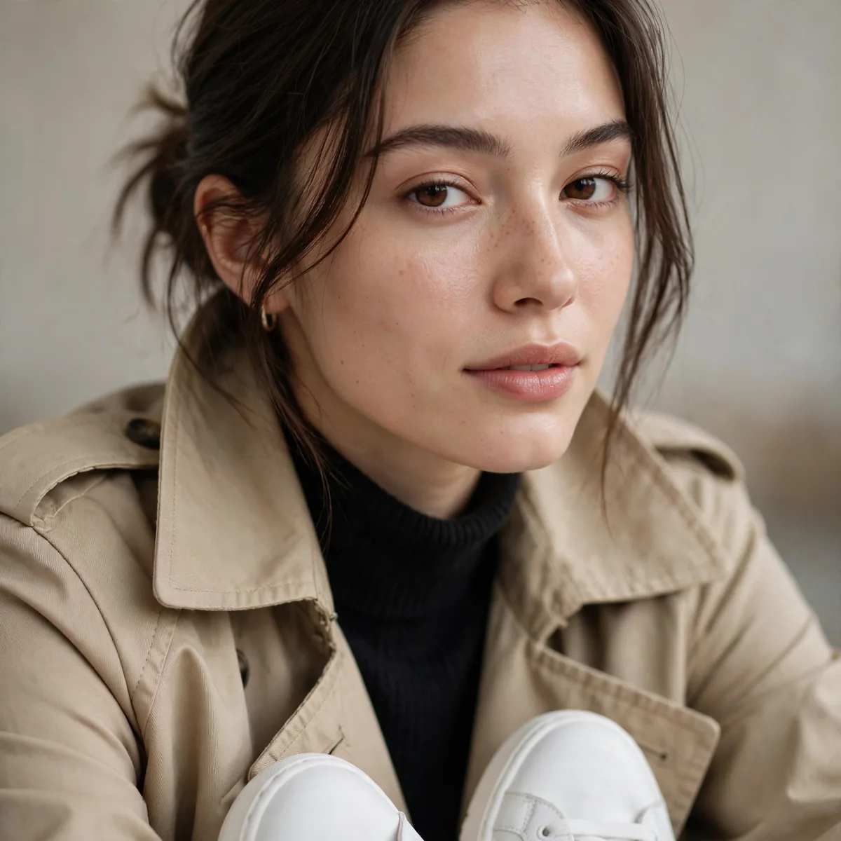 Trench coat with white sneakers