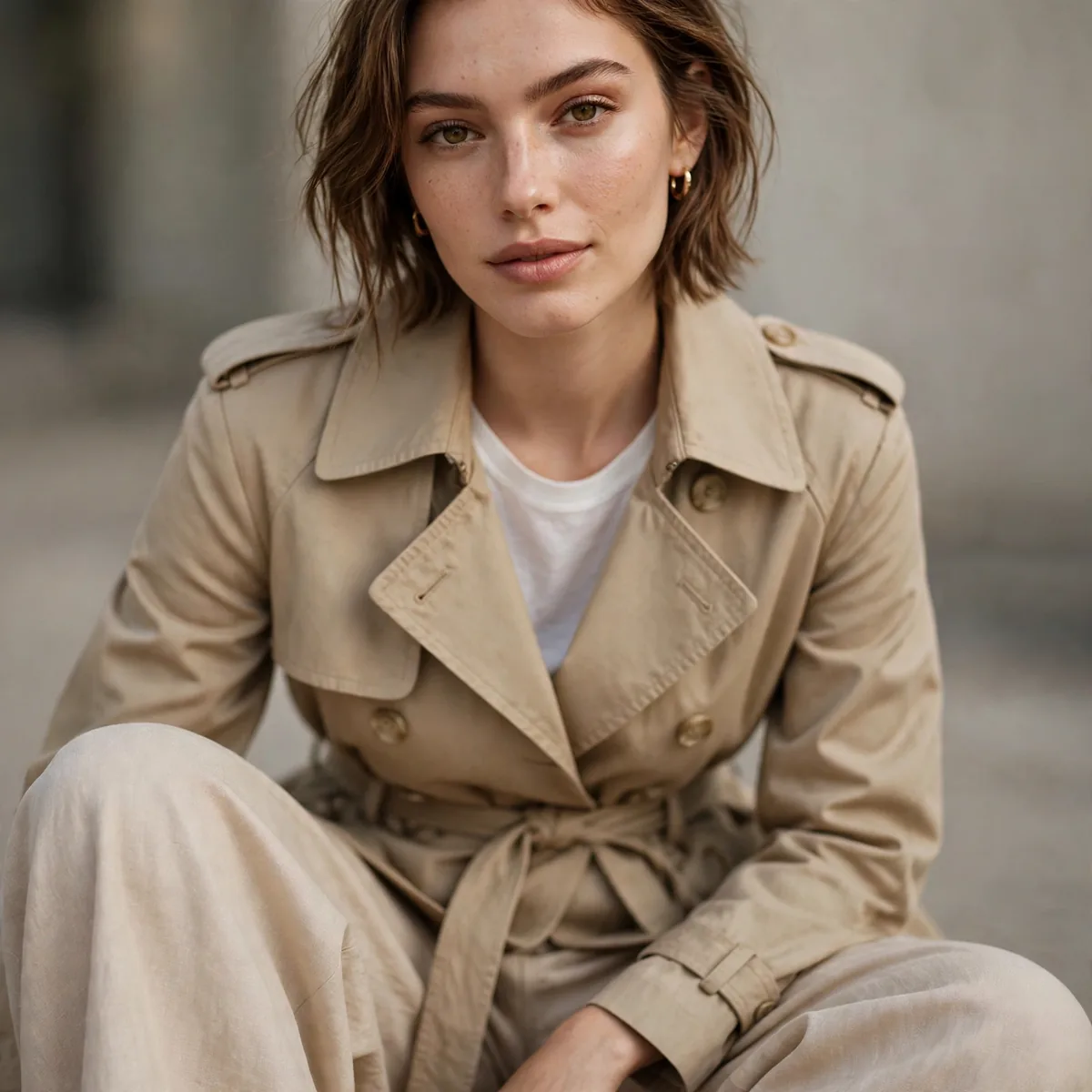 Short trench with wide leg pants