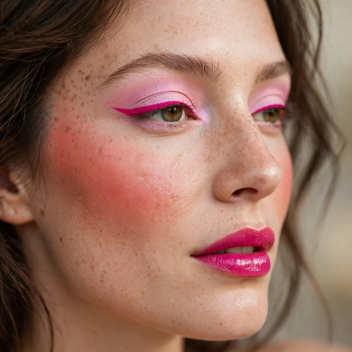 Close-up of Coral Crush Makeup featuring bright fuchsia and pastel pink
