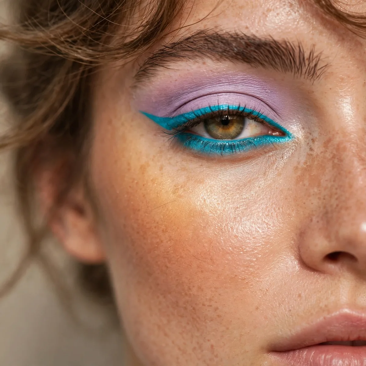 Close-up of Mango Glow Look featuring electric teal and soft lilac
