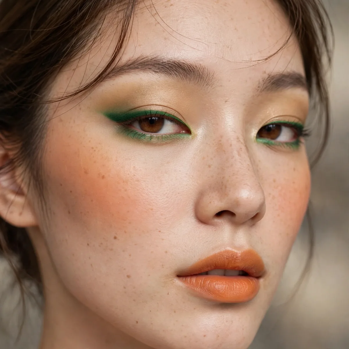 Close-up of Tangerine Dream Makeup featuring palm green and warm beige