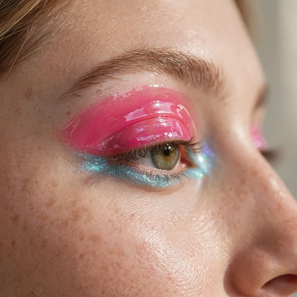 Close-up of Ocean Breeze Lids featuring hot pink and sheer gloss