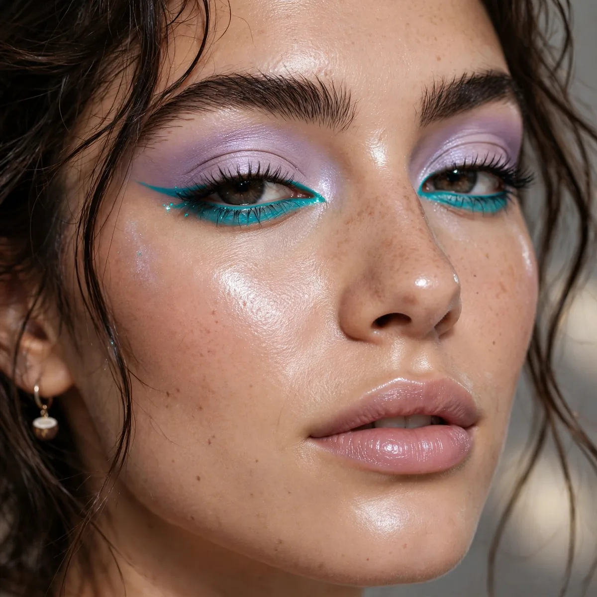Close-up of Coconut Glow Makeup featuring electric teal and soft lilac