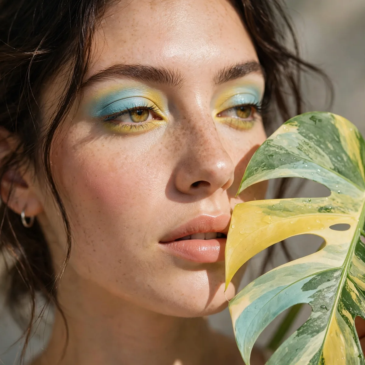 Close-up of Monstera Green Smoke featuring sunny yellow and pale turquoise