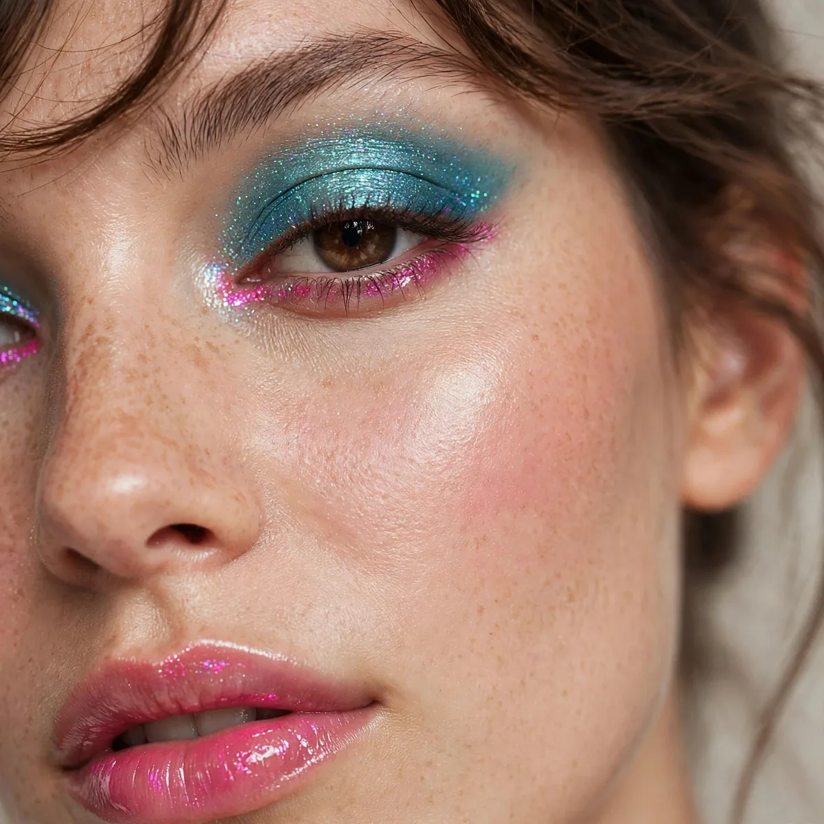 Close-up of Lagoon Shimmer Eyes featuring hot pink and sheer gloss