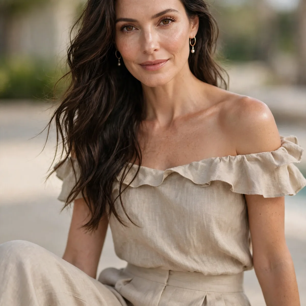 Off shoulder top with wide leg pants resort