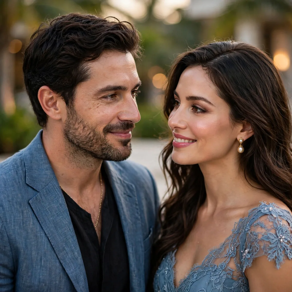 Couple in resort evening outfits