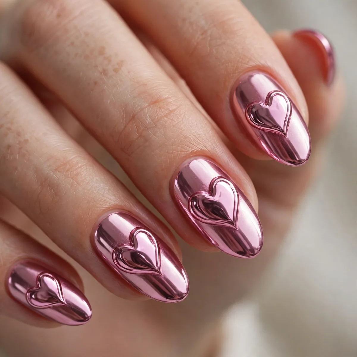 Pink chrome heart nail art