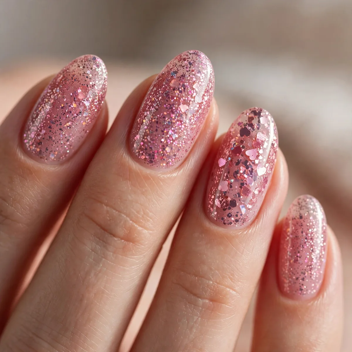 Pink glitter valentines nails