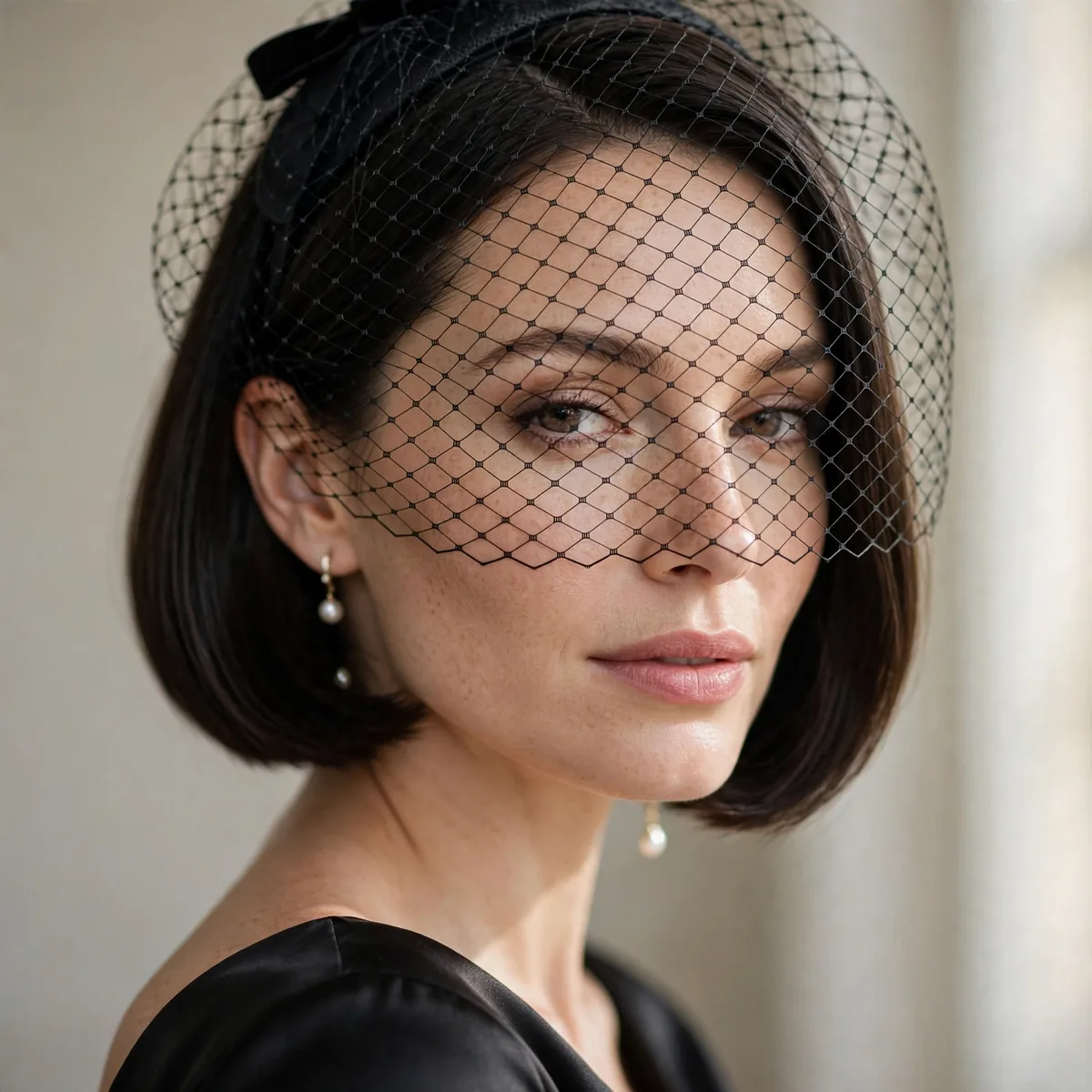Birdcage veil with sleek bob