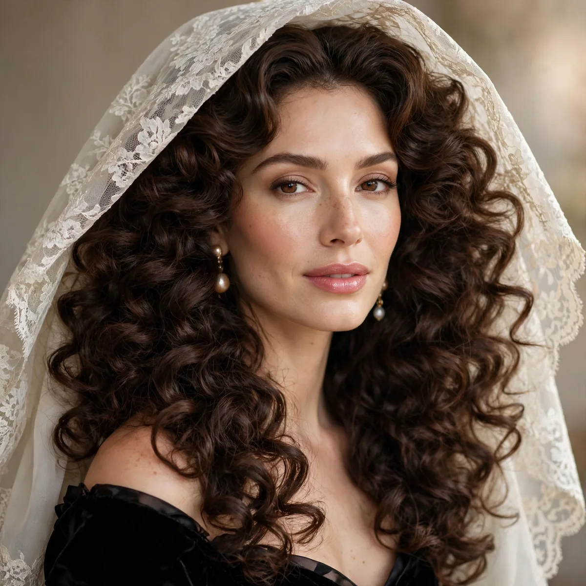 Mantilla veil with voluminous curls