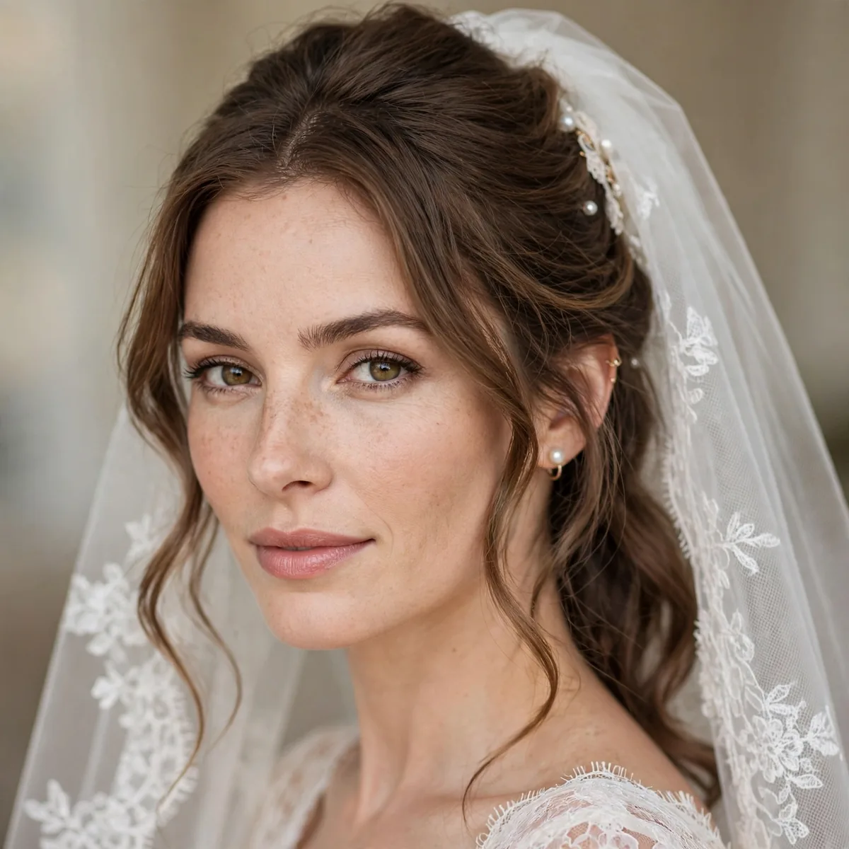 Chapel veil with half up hairstyle