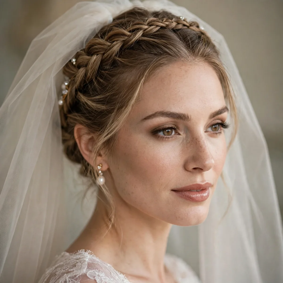 Veil secured in braided updo