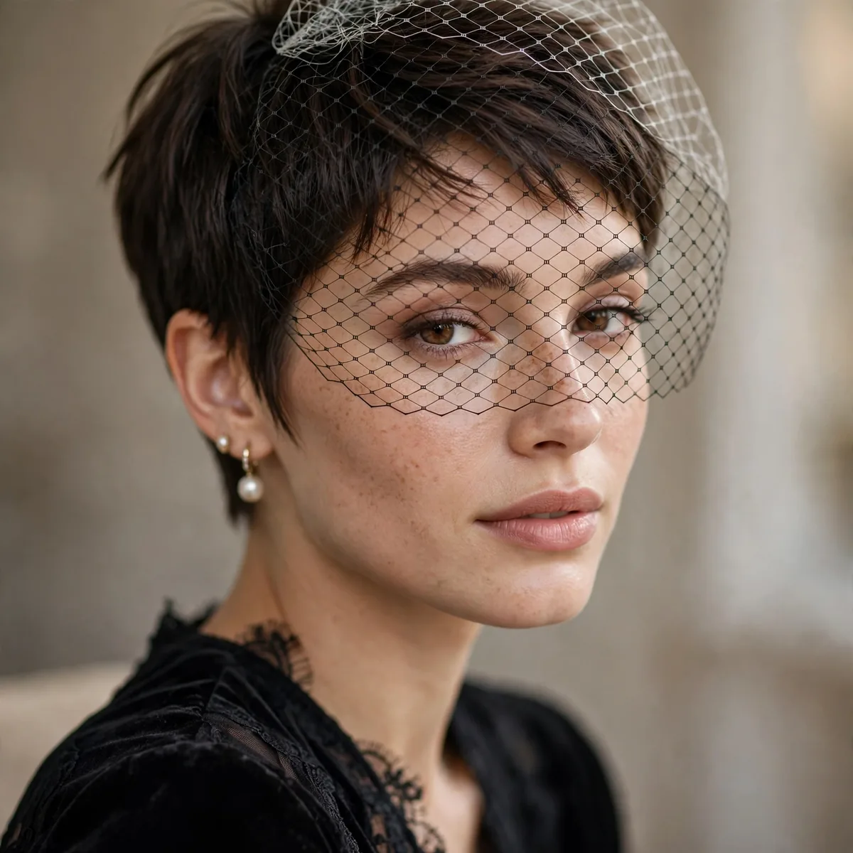 Short veil with pixie cut