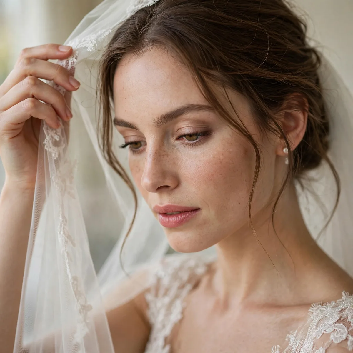 Bride removing veil for reception