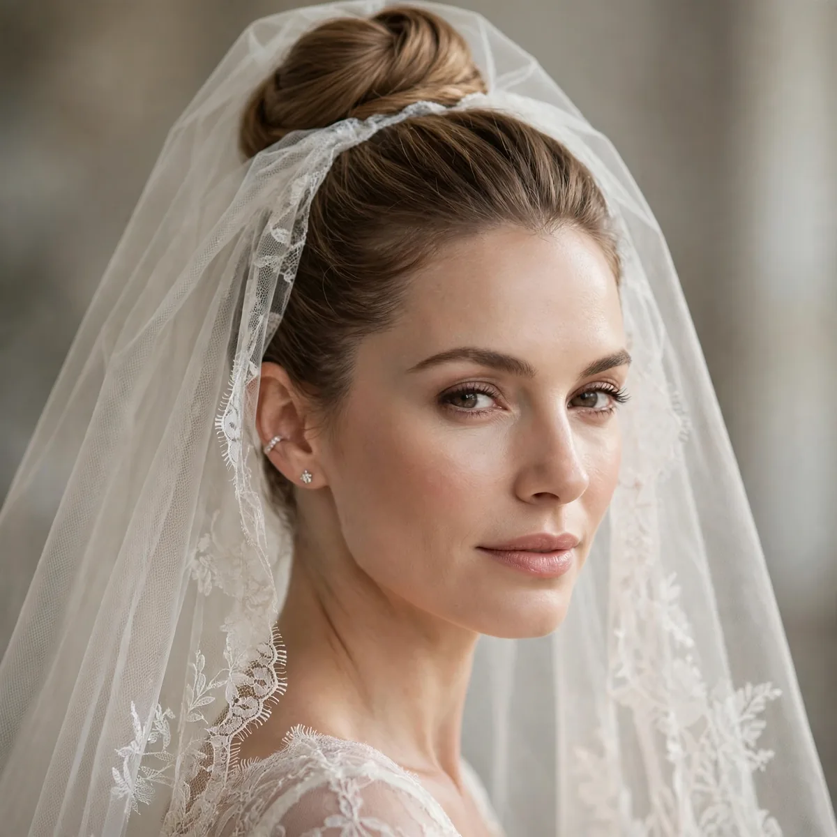 Cathedral veil with high bun