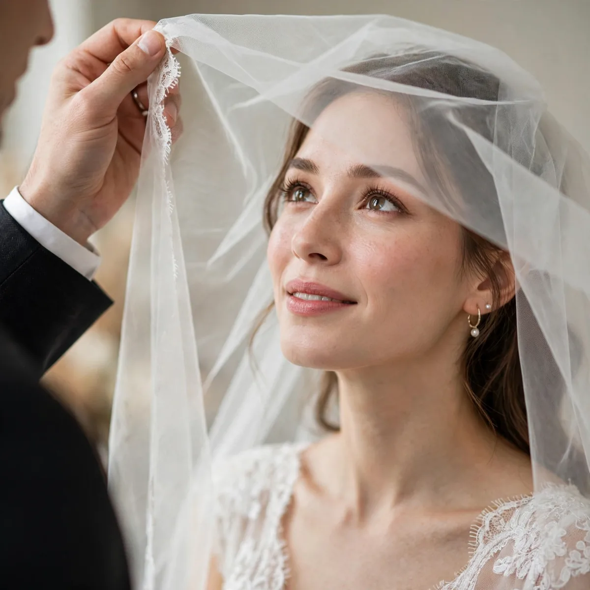 Groom lifting bridal veil