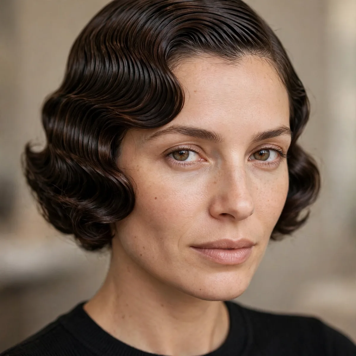Sculpted finger waves close to the head