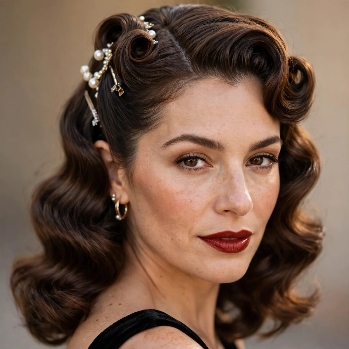 Half-up vintage waves with glamour