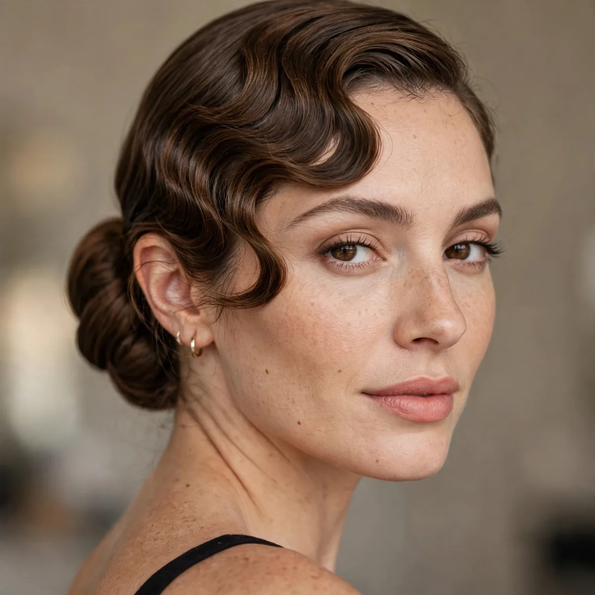 Low bun with finger wave detailing at the front