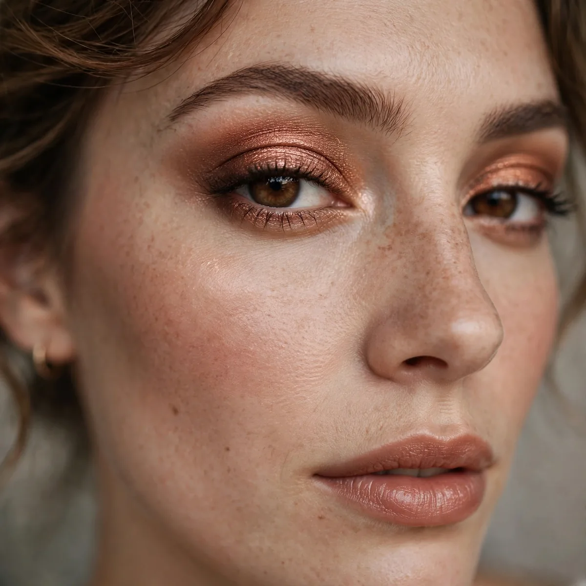 Copper eyeshadow lid on brown eyes
