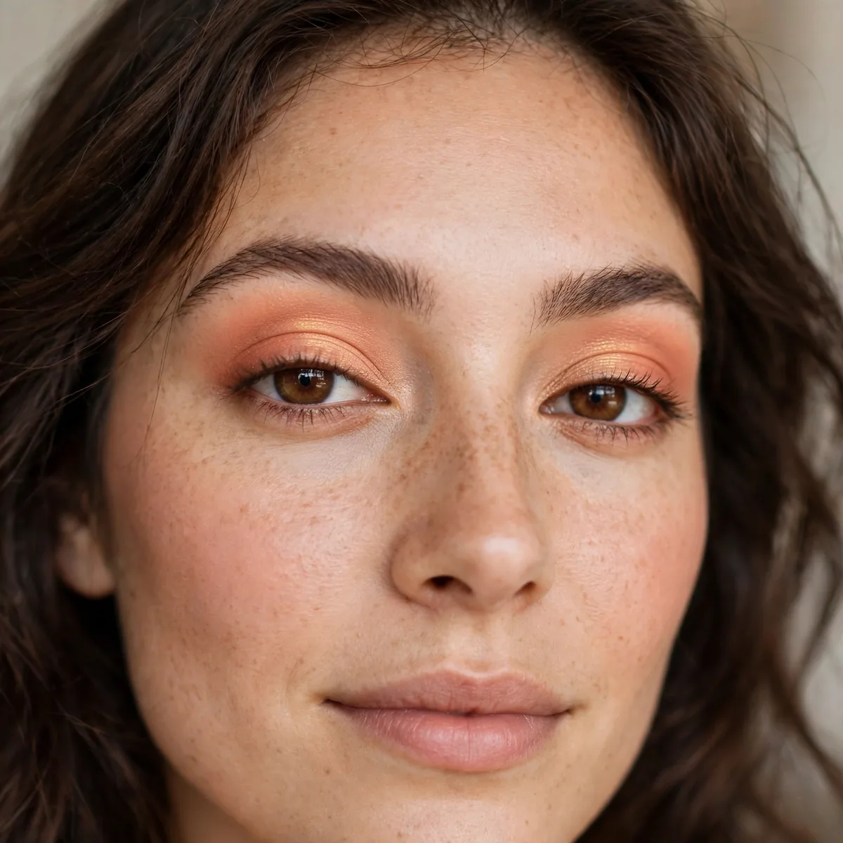 Peachy warm eyeshadow on brown eyes