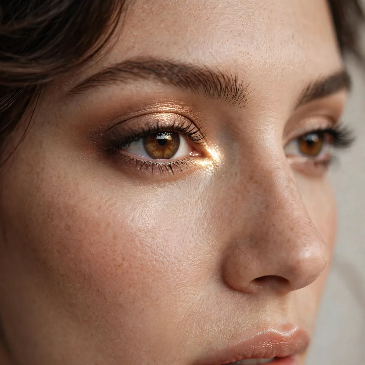 Glowing inner corner highlight on brown eyes