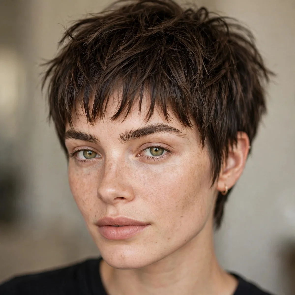 Wash-and-go pixie with piece-y fringe