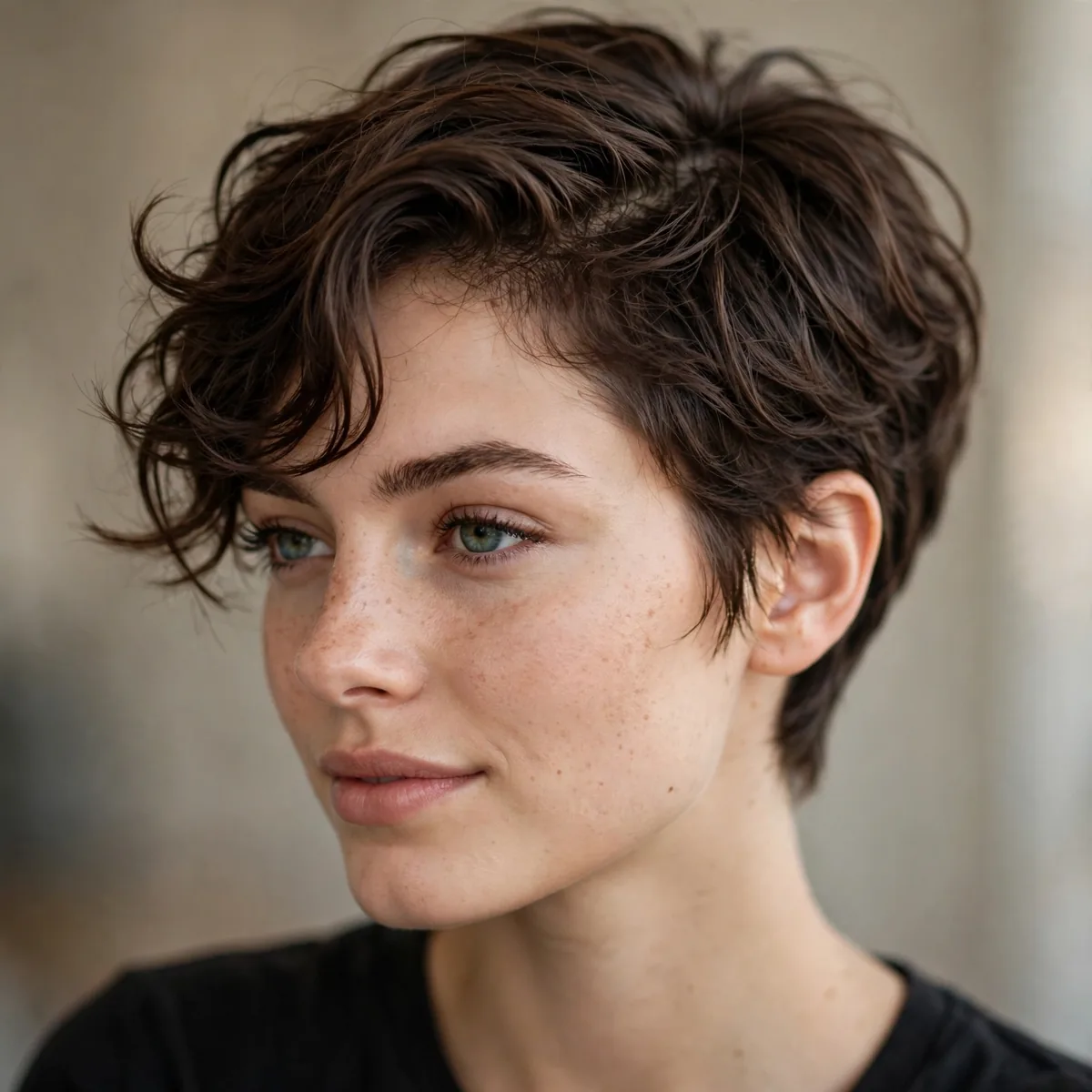 Side-swept wash-and-go pixie