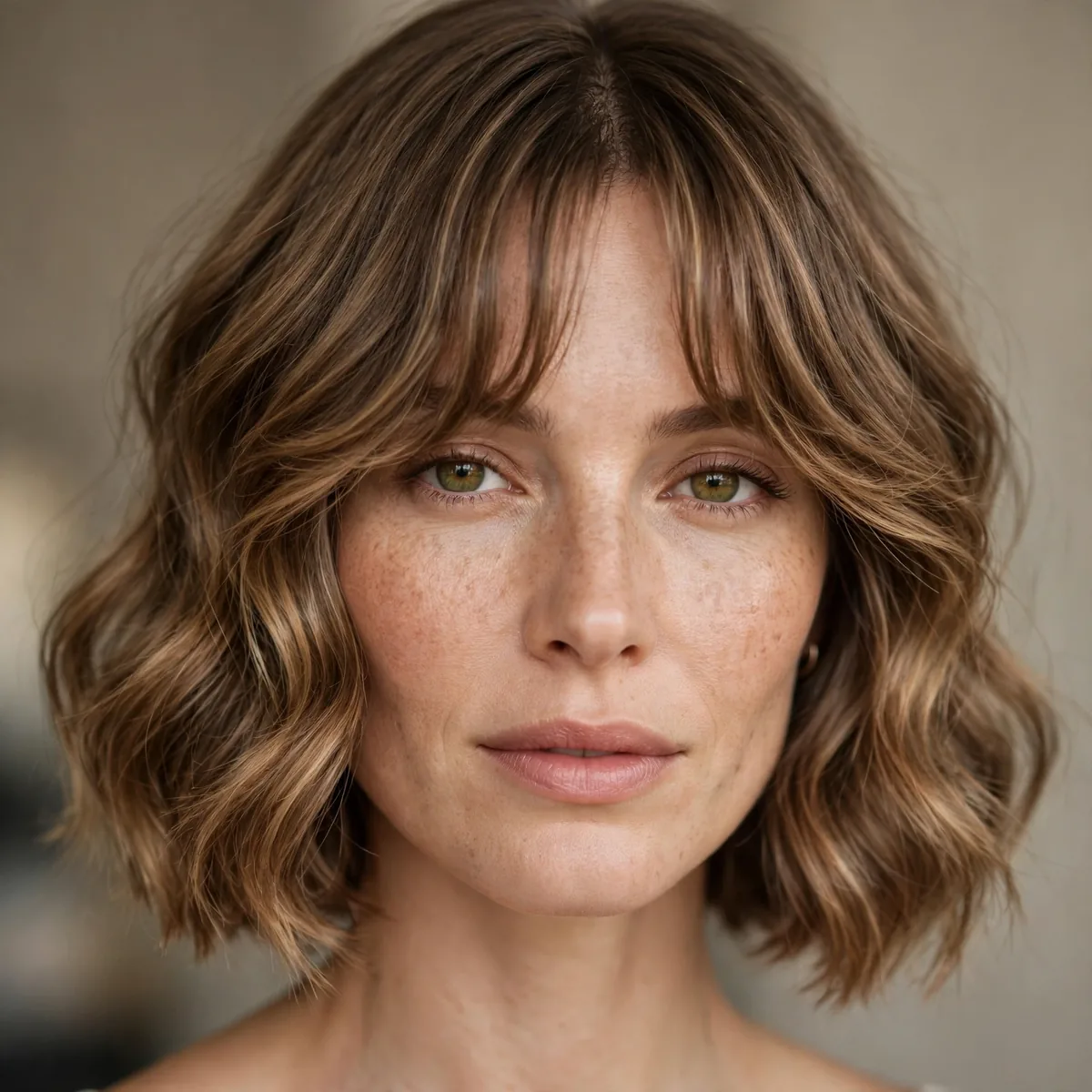Wavy bob with curtain bangs framing the face