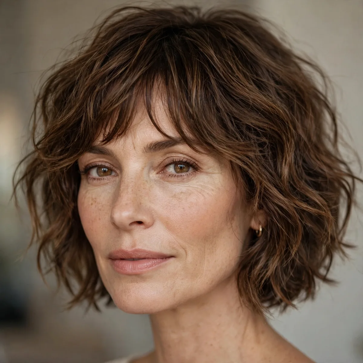 Tousled French bob on wavy hair for a woman over 40